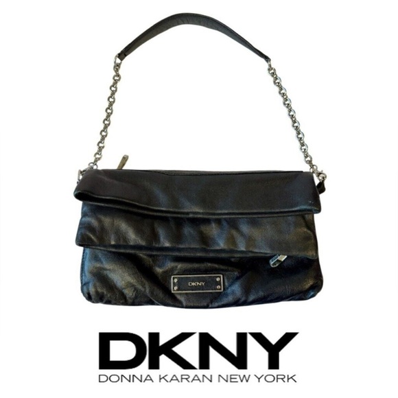 Dkny Handbags - DKNY Black Leather Fold Over Women's Shoulder Bag NWOT